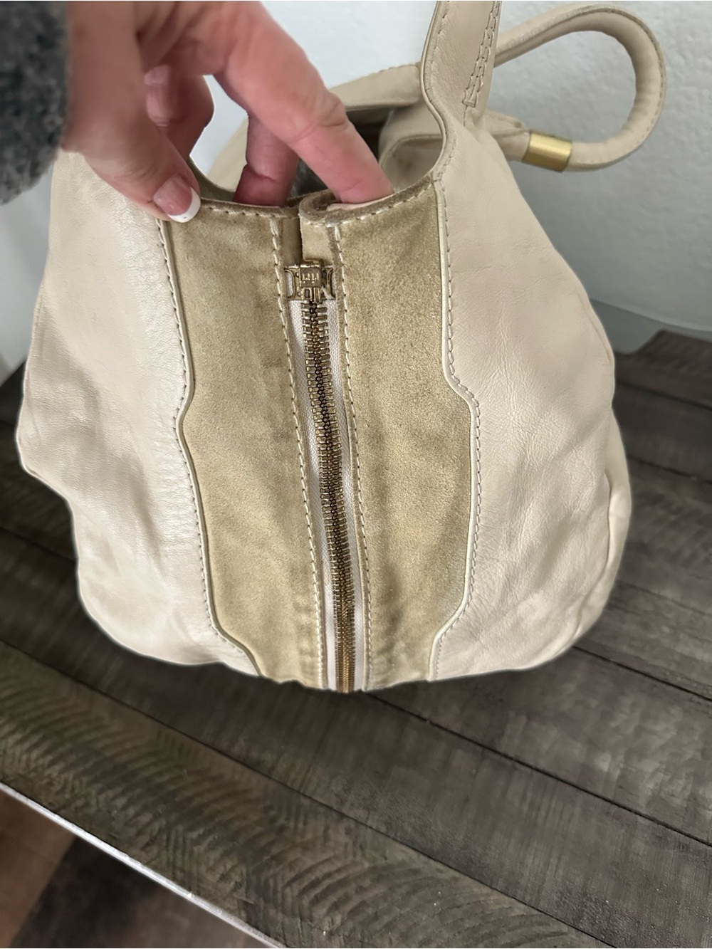 Jimmy Choo Cream and Beige Leather Suede Hobo with Gold Zip